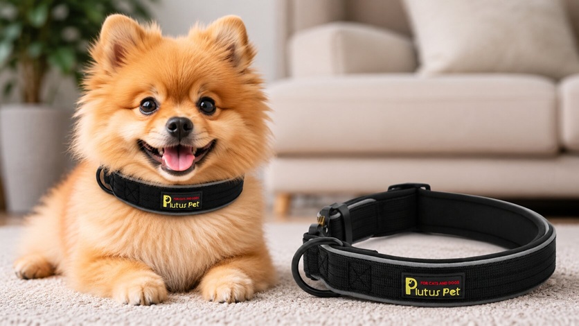 Pomeranian dog wearing a heavy-duty black Plutus Pet tactical dog collar with reflective stitching and an integrated tracker pocket.