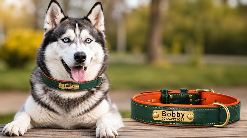 Husky dog wearing a green SEOUGEE soft padded genuine leather dog collar with a personalized engraved nameplate.