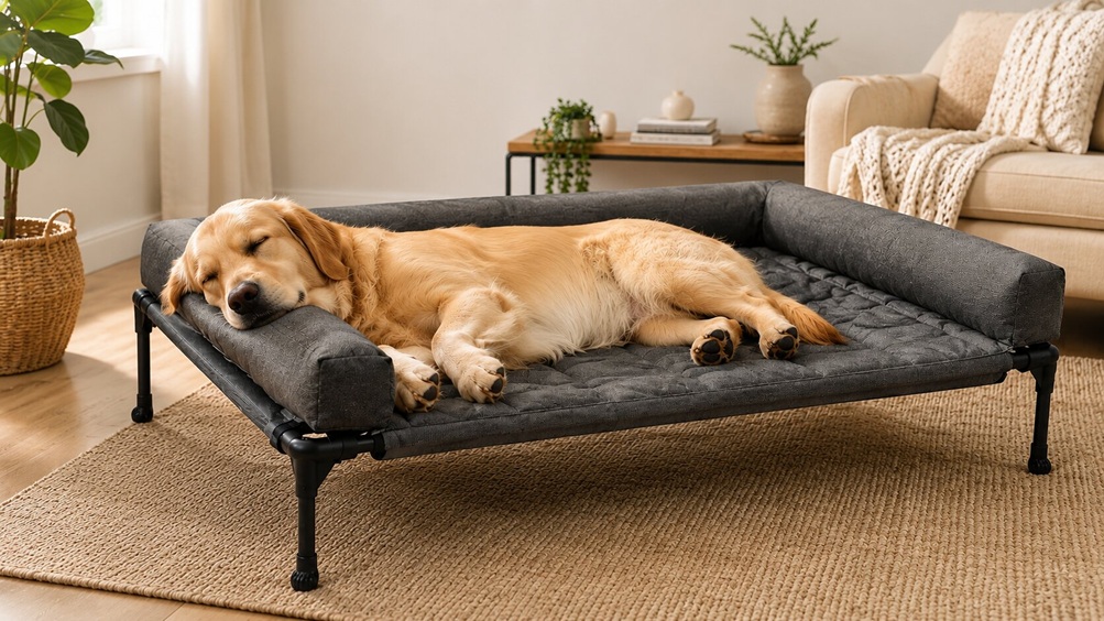 Golden retriever sleeping deeply on a raised dog bed featuring a supportive dark grey waterproof bolster