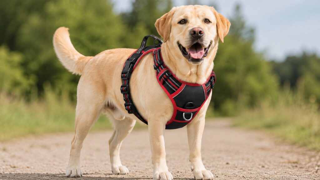 Happy Labrador Retriever walking outdoors in a black and red rabbitgoo no-pull dog harness with reflective stitching.