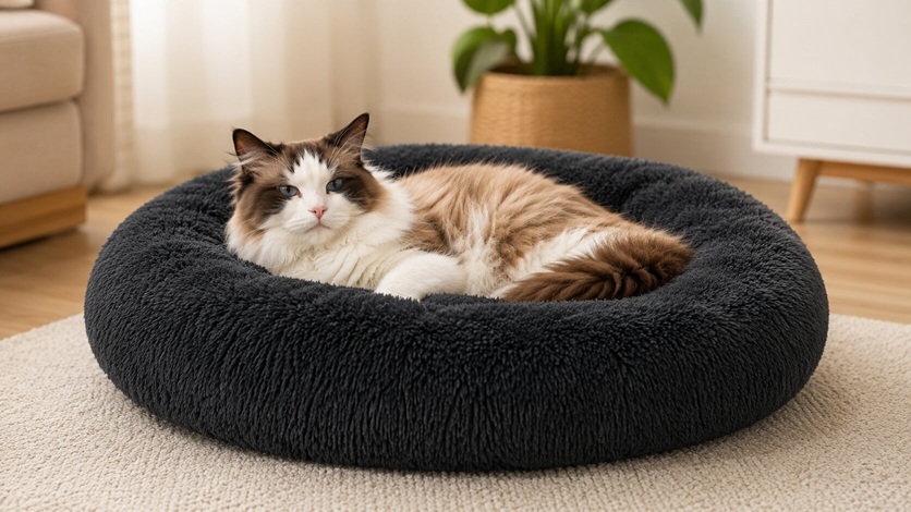 Bedsure OEKO-TEX certified calming cat donut bed in dark grey