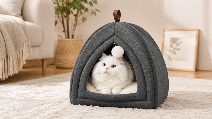 Fluffy white cat curled up inside a grey faux-linen cat cave igloo with a hanging pom-pom and carry loop