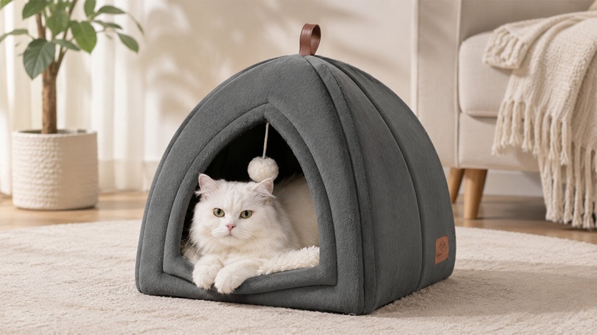White long-haired cat resting inside a dark grey flannel cat igloo bed with a hanging pom-pom toy
