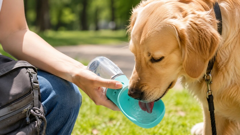 Golden Retriever drinking from a COTOP portable dog water bottle with built-in bowl
