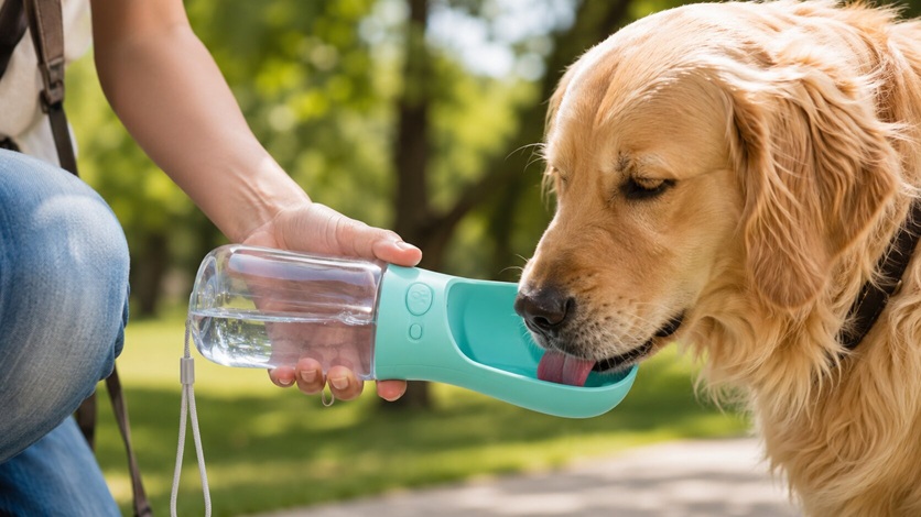 Golden Retriever drinking from an Emwel 550ml dog water bottle on a walk