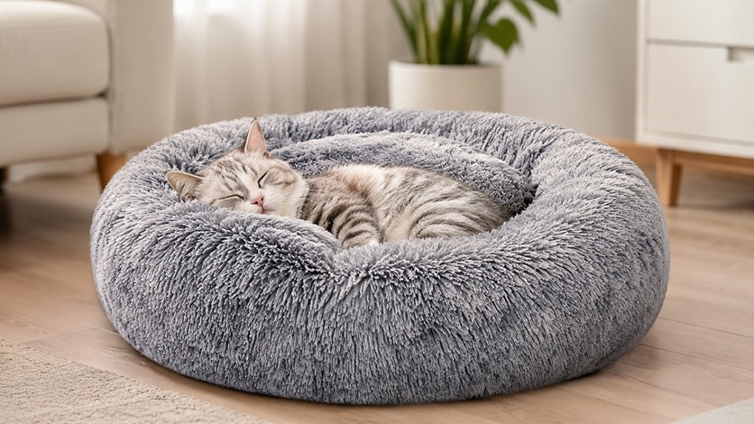 Feandrea fluffy donut cat bed in hyacinth grey with removable cover