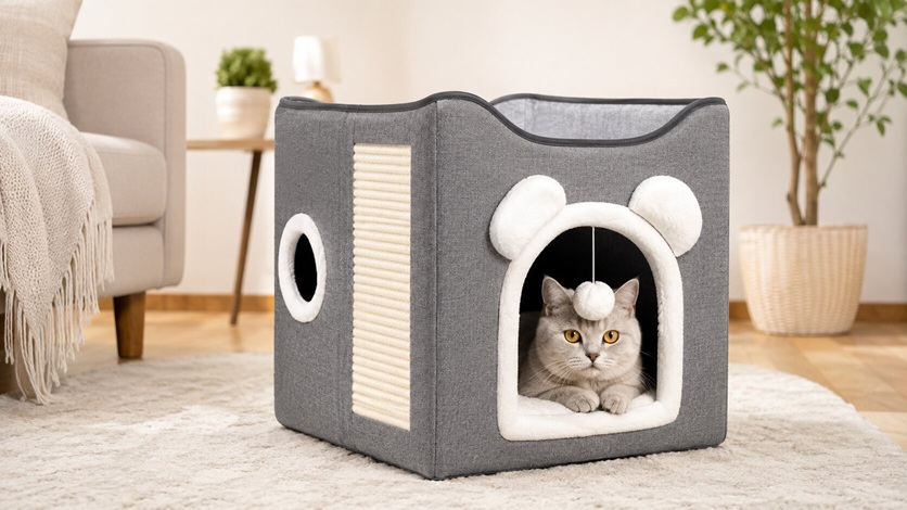 Grey cat inside a fabric cat cave bed with ear-shaped entrance, side scratch pad and hanging pom-pom toy