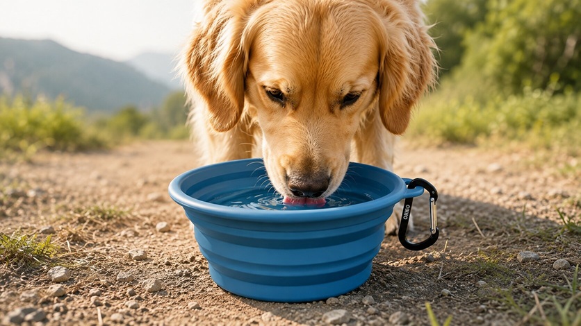 Golden Retriever drinking from a collapsible OHMO dog travel bowl clipped with a carabiner