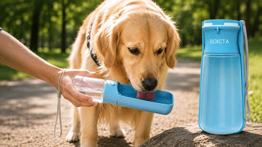 Golden Retriever drinking from a SOICTA foldable portable dog water bottle with fold-out trough